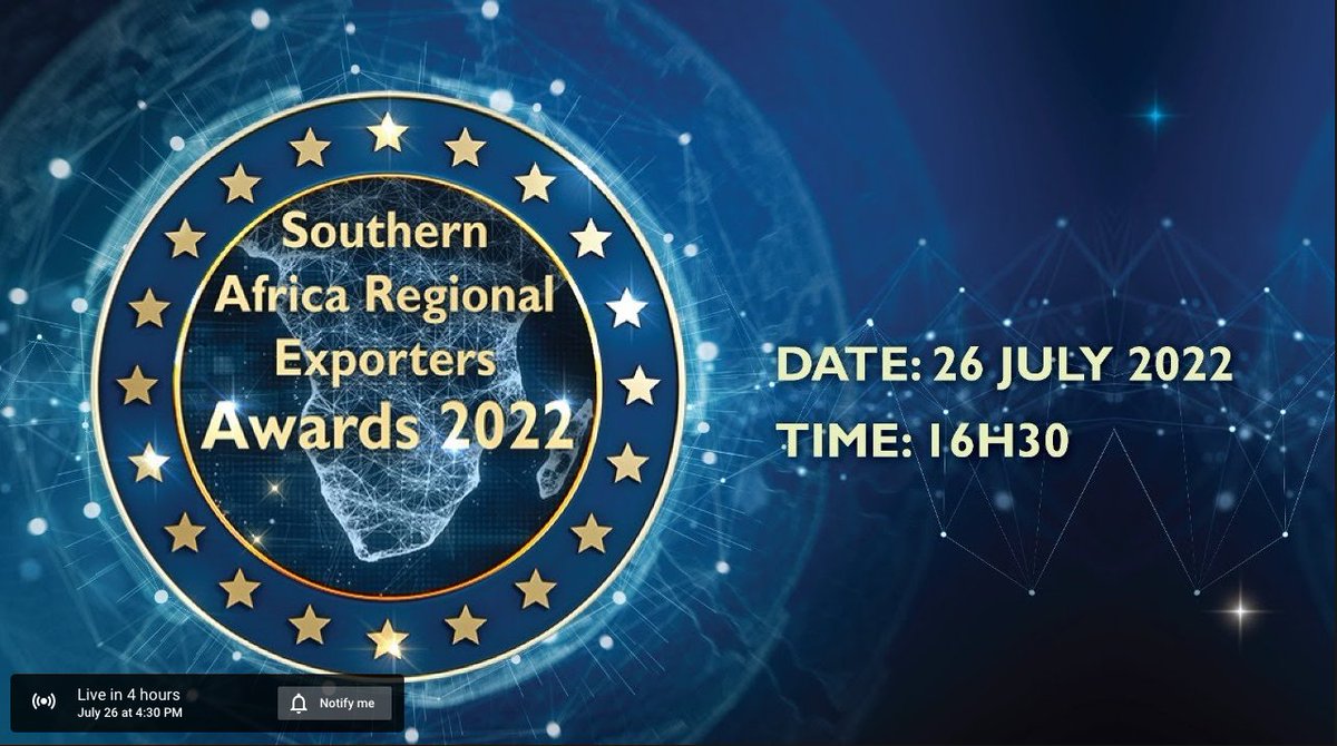 The Southern Africa Regional Exporters Awards 2022 supported by @USAID_SAfrica, will be live-streamed today! Join us as we recognise the economic #PowerPlayers and #JobCreators of the #SADC region. Watch here 👉 bit.ly/3Ounr0E @YouTube