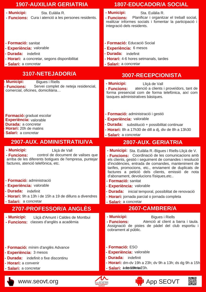 📢Ofertes de feina! El <a href="/SEOVT/">SEOVT</a>   t'ho posa fàcil. 
Aquí tens les ofertes d'aquesta setmana.
Més informació: seovt.org/ofertes-seovt
<a href="/ajllissadevall/">Ajuntament de Lliçà de Vall</a>  <a href="/llicamunt/">Ajuntament de Lliçà d'Amunt</a>  <a href="/ajsantaeulalia/">Ajuntament de Santa Eulàlia de Ronçana</a>  <a href="/BiguesiRiells/">Bigues i Riells del Fai</a>