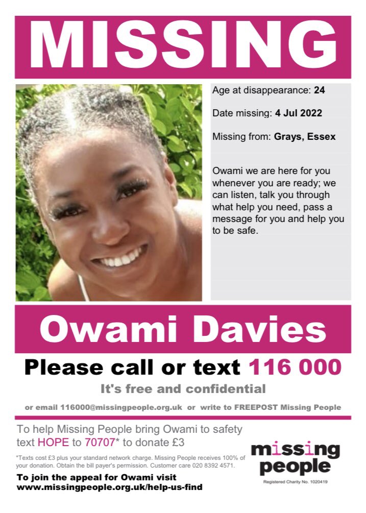 forblackwomenuk's tweet image. 🚨MISSING BLACK WOMAN 

24-year-old Owami Davies from Chafford Hundred, Essex has been missing since July 4th. 

She was last seen in Croydon. 

If you have seen her or are with her, please contact us right away on 999, quoting incident 570 of 6 July.

Please re-share and post ‼️