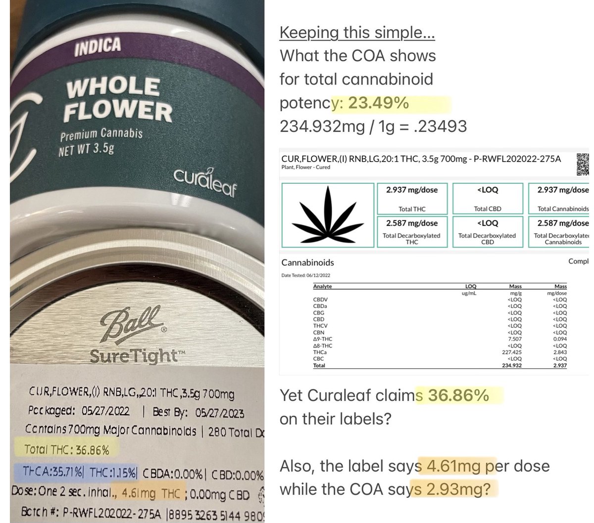 mmj_ny's tweet image. Curaleaf is using this funny math to inflate their THC %s knowing most won’t question or request a COA. So what did the Purple Urkel actually test at? 4%, 5%? Is this to pad the @nys_cannabis pockets with unnecessary THC tax? Or is it for AU-goods only they’ll be truthful? WTF