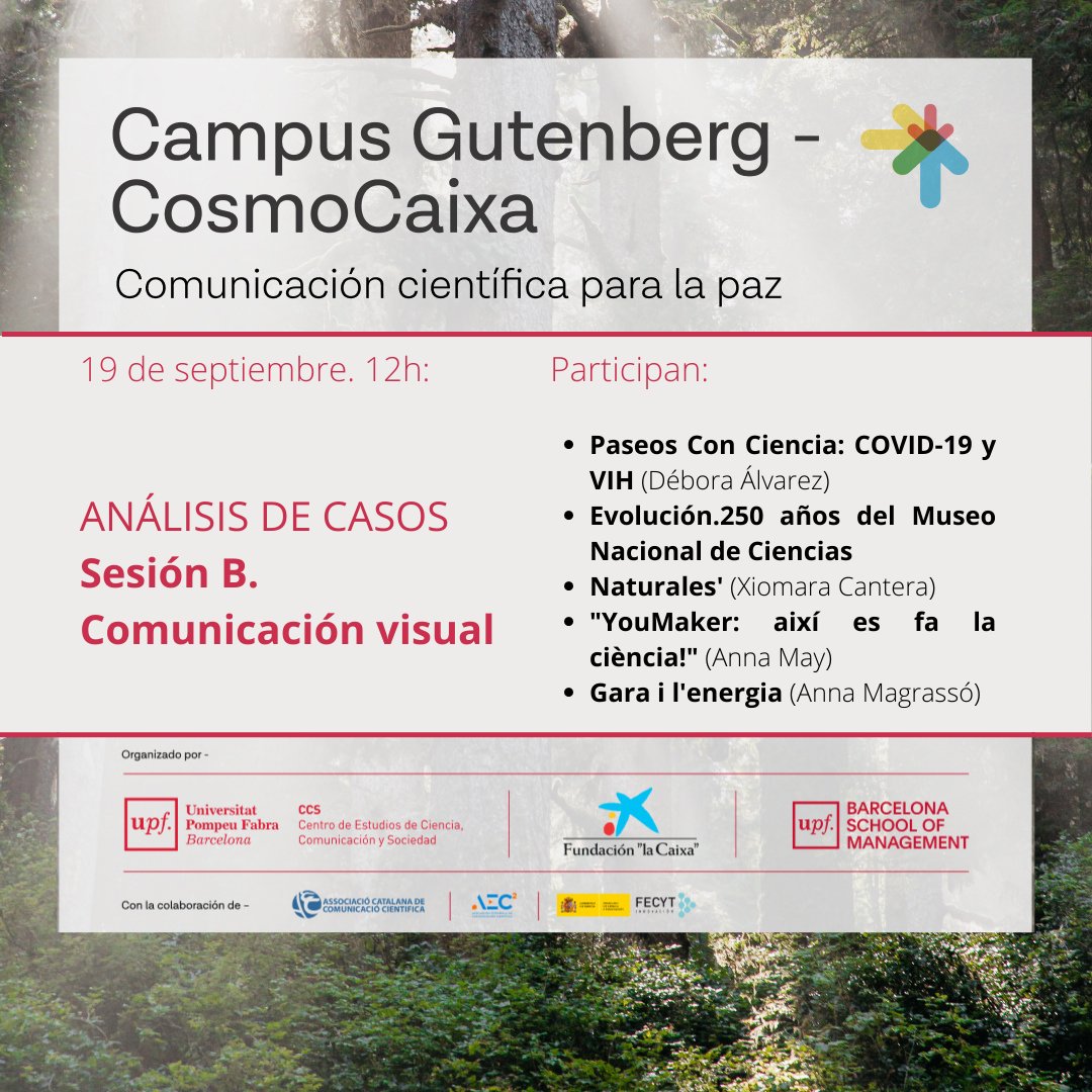 También en el #CGutenberg22 tenemos un 'Análisis de casos' sobre comunicación visual. ¿Qué os parece? @FundlaCaixa @bsm_upf @FECYT_Ciencia @ACCC_ @aecomcientifica 📅19/09en @CosmoCaixa Barcelona 👉 Inscríbete gratis: bit.ly/3IT42p1 ➕Info: bit.ly/3PDJNhd