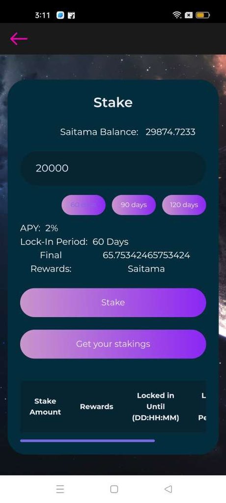 Some staking time 🐺🐺
<a href="/WeAreSaitama/">Saitama on ETH</a> #SaitaProRelease #SaitamaTechnologyLLC