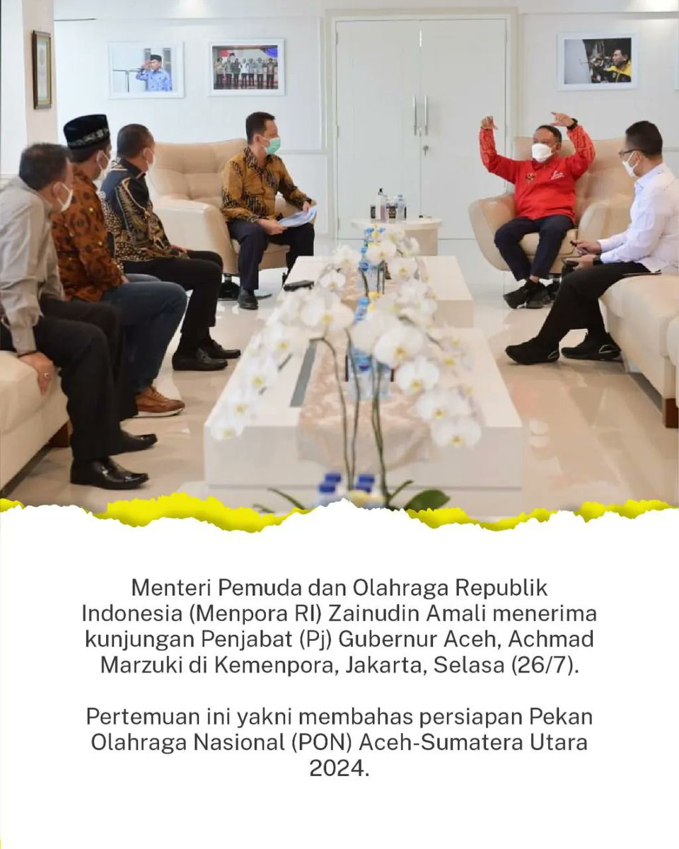 KEMENPORA_RI's tweet photo. — Menpora Amali menerima kunjungan Penjabat (Pj) Gubernur Aceh, Achmad Marzuki. Dalam pertemuan ini,  mereka membahas terkait persiapan Pekan Olahraga Nasional (PON) Aceh-Sumatera Utara 2024.

Informasi selengkapnya di https://t.co/Aow3qUlFEt
#kemenpora
#pemudamajuolahragajaya https://t.co/HRx9ib127X