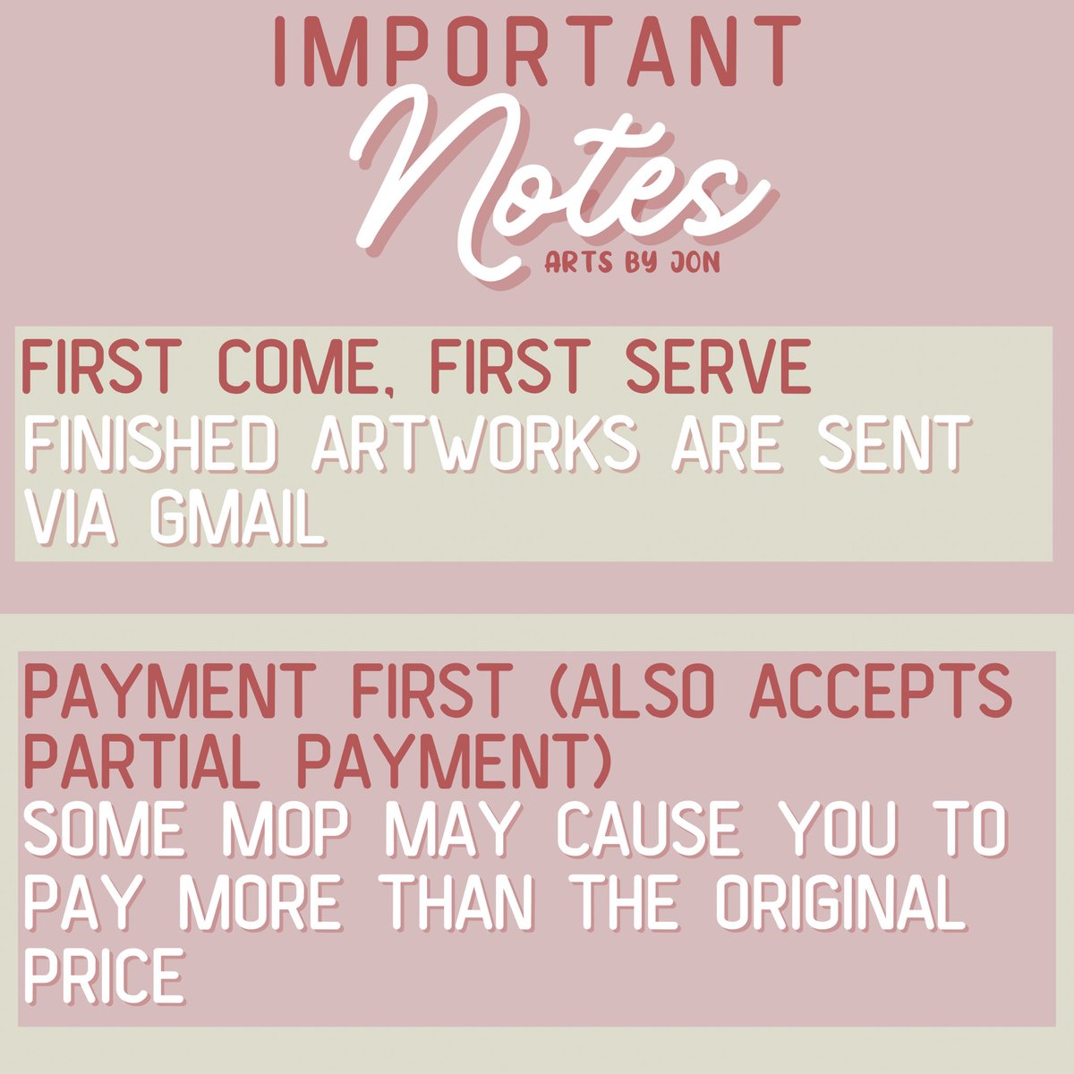arts_by_jon's tweet photo. 🌸IMPORTANT NOTES:
— First come, first serve
— Finished artworks are sent via gmail
— Payment first (Also accepts partial payments)
— Some mode of payments may cause you to pay more than the original price https://t.co/pCfw5liuwG