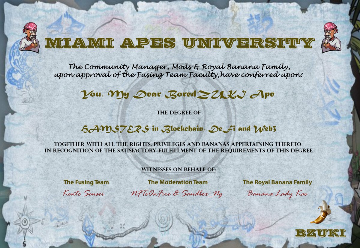 BoredZuki's tweet photo. Apes Together...Educated? Yes!

BZUKI Apes were educated in Blockchain, DeFi &amp; Web3 and have all graduated with perfect score!

Mums are proud! Certificate attached!🔥
 
🏝️https://t.co/te3fznXVRt
💜Shoutout to @NFTsOnFire_nft &amp; @kale0302 
  
#BAYC #Azuki #NFTCommumity #BZUKI https://t.co/BTL8OOtI8c