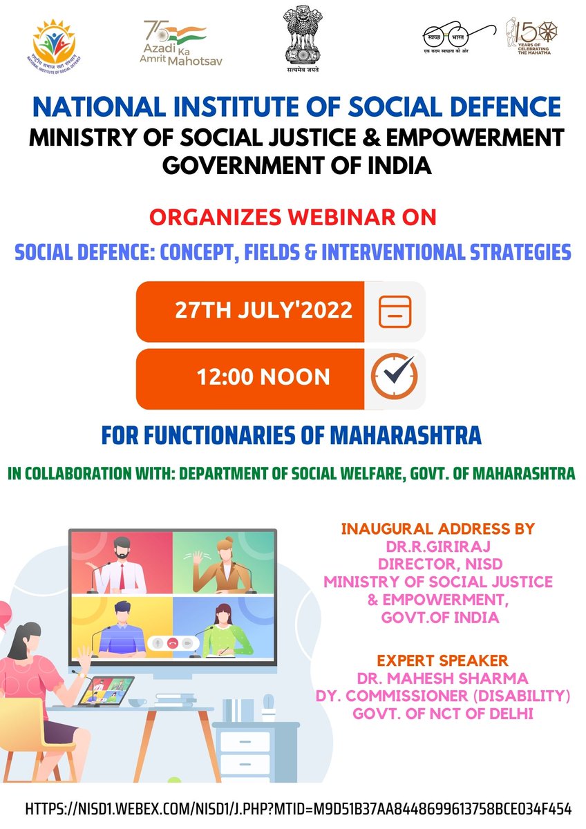 NISD_India's tweet photo. .@NISD_India is organising a #webinar on "Social Defence: Concept, fields & interventional strategies" on #July27 at 12Noon for the stakeholders of #Maharashtra. Resource person Dr. Mahesh Sharma, Depy Commissioner (Disability), #Delhi, will be talking on #socialdefence...contd https://t.co/5ncsE1W5xu
