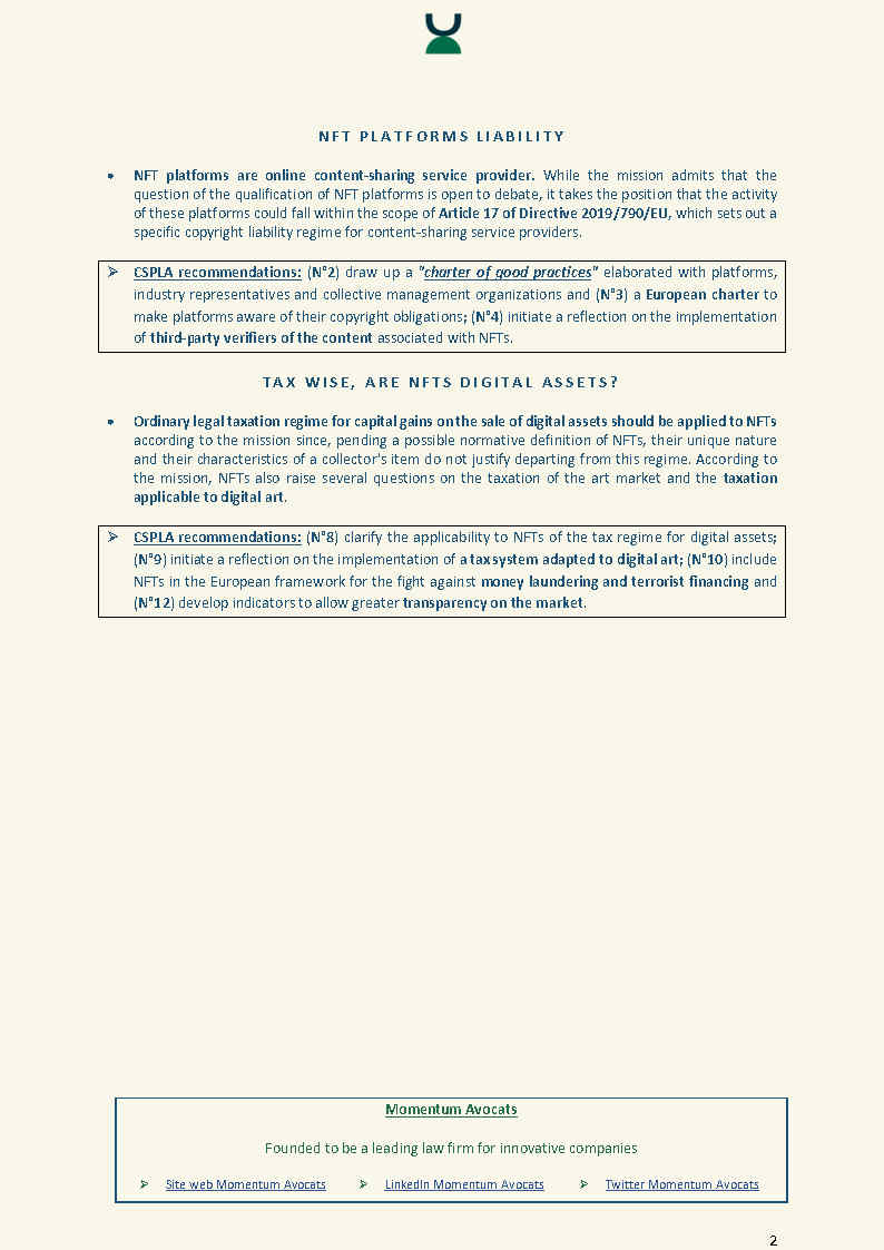 [NEWS] NFTs &amp; Copyright : the advisory body of the
French Ministry of Culture (CSPLA) <a href="/MinistereCC/">Ministère de la Culture 🇫🇷</a> issues 20 recos for a NFT-proof copyright. 
Our summary <a href="/AvocatsMomentum/">Momentum Avocats</a> 👇
🖊️ Laure Meysonnet  <a href="/JsMomentum/">JeanSébastienMariez</a>
#copyright #NFT #platforms #liability #resale #exhaustion #counterfeiting