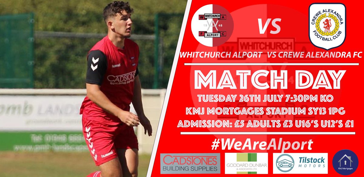 MATCH DAY🔴⚪️⚽️

This evening we host Sky Bet League Two side <a href="/crewealexfc/">Crewe Alexandra</a> at the <a href="/kmj_mortgages/">KMJ Mortgages</a> Stadium

🕰 7:30pm ko
🎟 Adults £5, conc.£3 U16,s £1
🍺 <a href="/cadstonesbs/">cadstones</a> clubhouse
🍺Alport Lounge(CASH ONLY)
☕️ open
😁Friendly volunteers 

Gates open from 6pm

See you all later👍