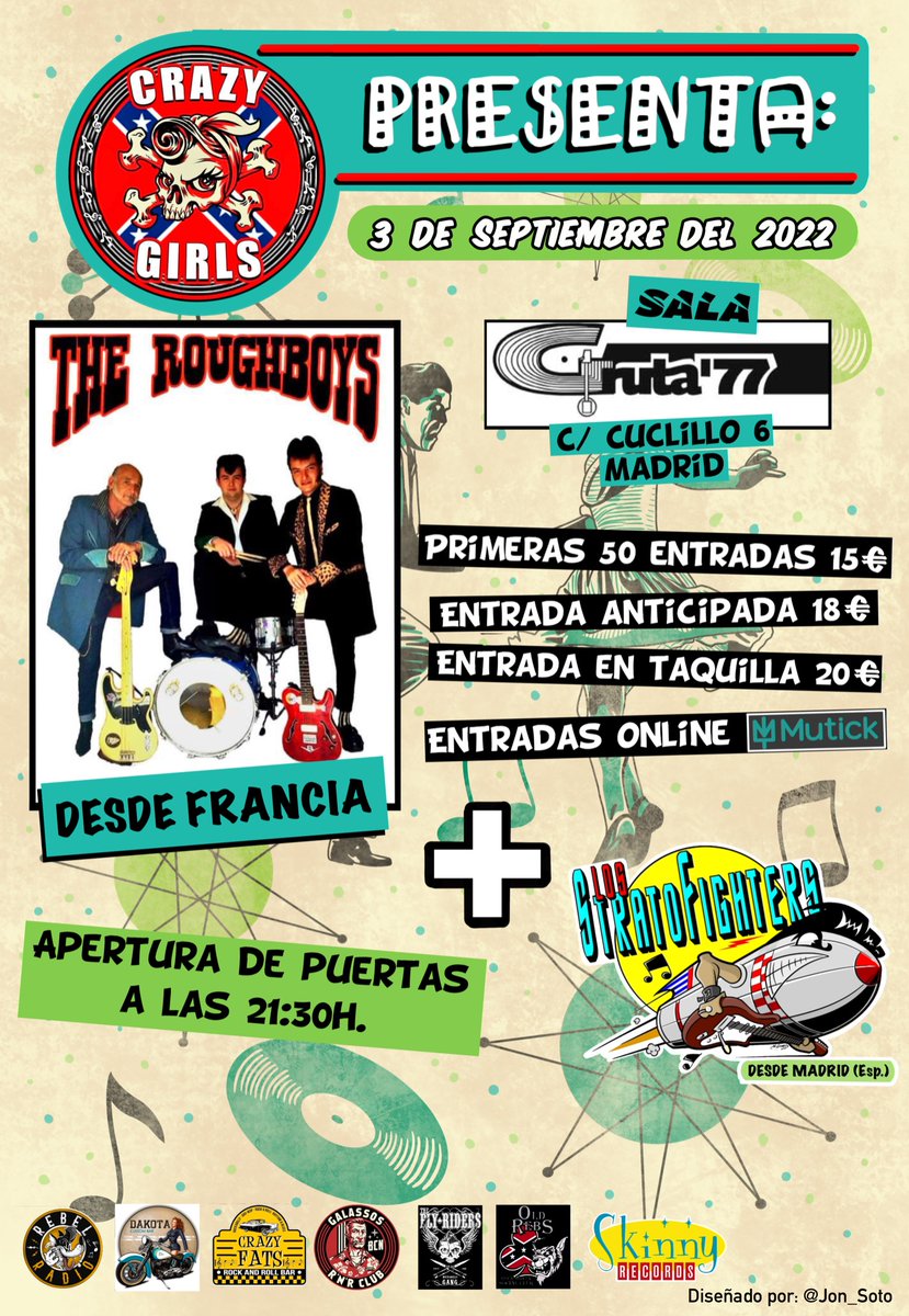 Venta de entradas en taquillas de GRUTA77 c/cuclillo 6 , 28019 MADRID
#GRUTA77 #MADRIDCONCIERTOS #rockabilly @gruta77madrid