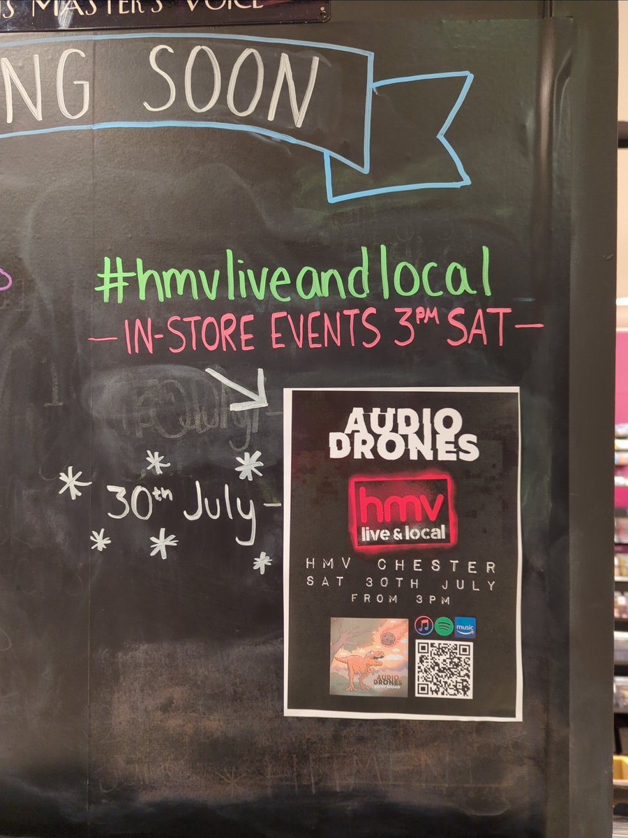 This Saturday hmv live and local presents @audiodrones. Get yourself down to the basement @hmvChester from 3pm to check out the vibe in-store. #hmvliveandlocal #livemusic #Chester