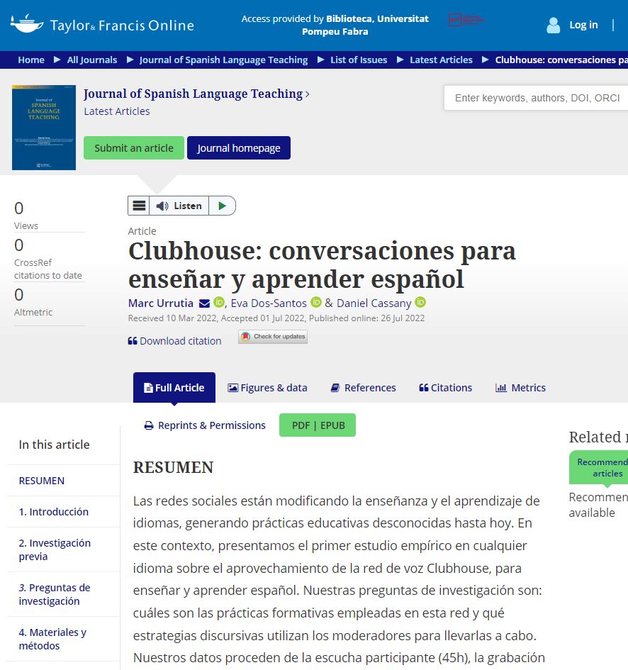 dancassany's tweet photo. ¿Cómo se coloniza una red nueva de voz para educar? ¿Qué se hace para enseñar y aprender? Nueva investigación publicada en @JournalSLT con Marc Urrutia y Eva Sos-Santos: conversaciones para enseñar y aprender español", DOI: 10.1080/23247797.2022.2096188 https://t.co/BP1fsk7Qze