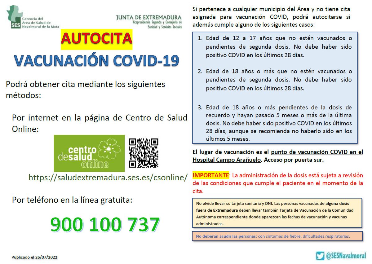 SESNavalmoral's tweet photo. AUTOCITA VACUNACIÓN COVID
Se recuerda que sigue abiertga la posibilidad de autocitarse para vacunación COVID.
IMPORTANTE: Consultar cartel informativo para ver los pacientes a los que va destinado. https://t.co/aLrWrcRHUV