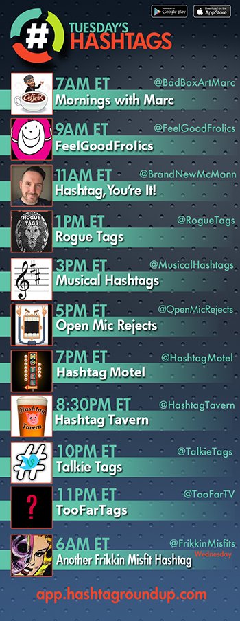 Hashtag Roundup - Tuesday 

❤️# Games? Tweet w/us!

Follow us &amp; Download our FREE <a href="/HashtagRoundup/">Hashtag Roundup</a> app for daily schedule &amp; notifications right to your phone!
👉app.hashtagroundup.com👈

Special game 3PM ET with <a href="/wearemikra/">Mikra</a> 
Guest 8:30PM ET <a href="/WildBunchTagz/">Wild Bunch Tags</a>