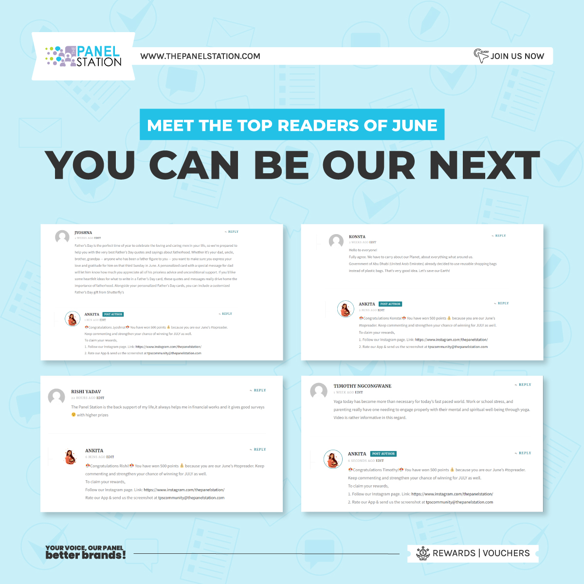 TPS_SouthAfrica's tweet image. They have won 500 points each just by commenting on the panel station blogs. Now, it is your time. Be ready to be our next #topreader. Stay alert for our next blogs - bit.ly/3OACINi
.
.
.
.
#thepanelstation #earnmoneyonline #paidsurveys #Blogs #blogging #blogpost