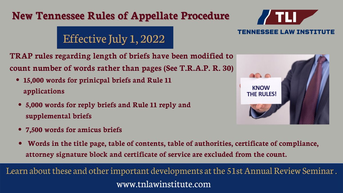 tnlawinstitute's tweet photo. Register today for the 51st Annual Review Seminar live or on demand where @SarahSheppeard and Wade Davies will be discussing these changes in Appellate Procedure.  
#CLE #TLI #ContinuingLegalEducation #AppellateProcedure https://t.co/a9DhxX2cJe
