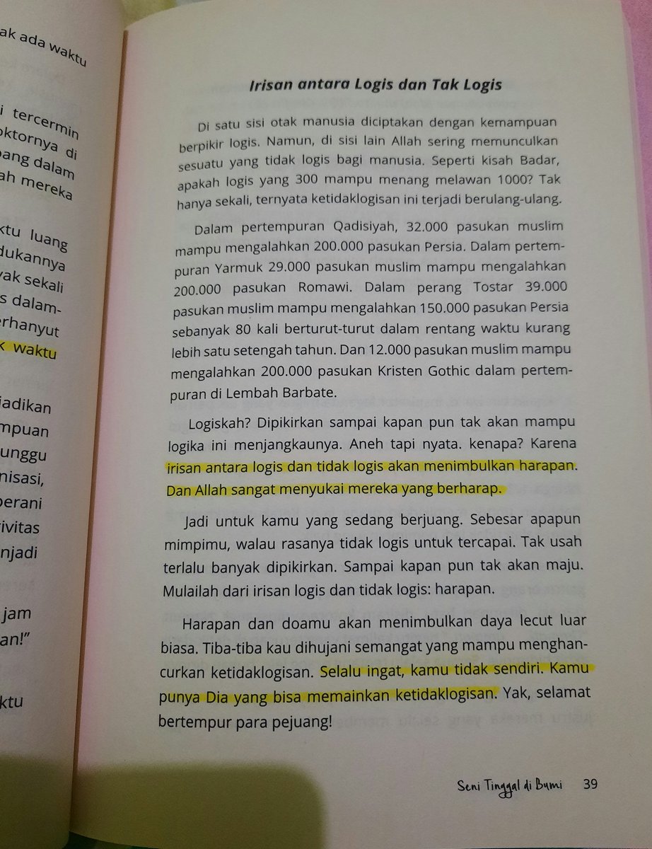 <a href="/literarybase/">Literary Base</a> Irisan antara logis dan tidak logis akan menimbulkan harapan. Dan Allah sangat menyukai mereka yang berharap. 
Selalu ingat, kamu tidak sendiri. Kamu punya Dia yang bisa memainkan ketidaklogisan.
Seni Tinggal di Bumi bukunya <a href="/qooonit/">Farah Qoonita</a>