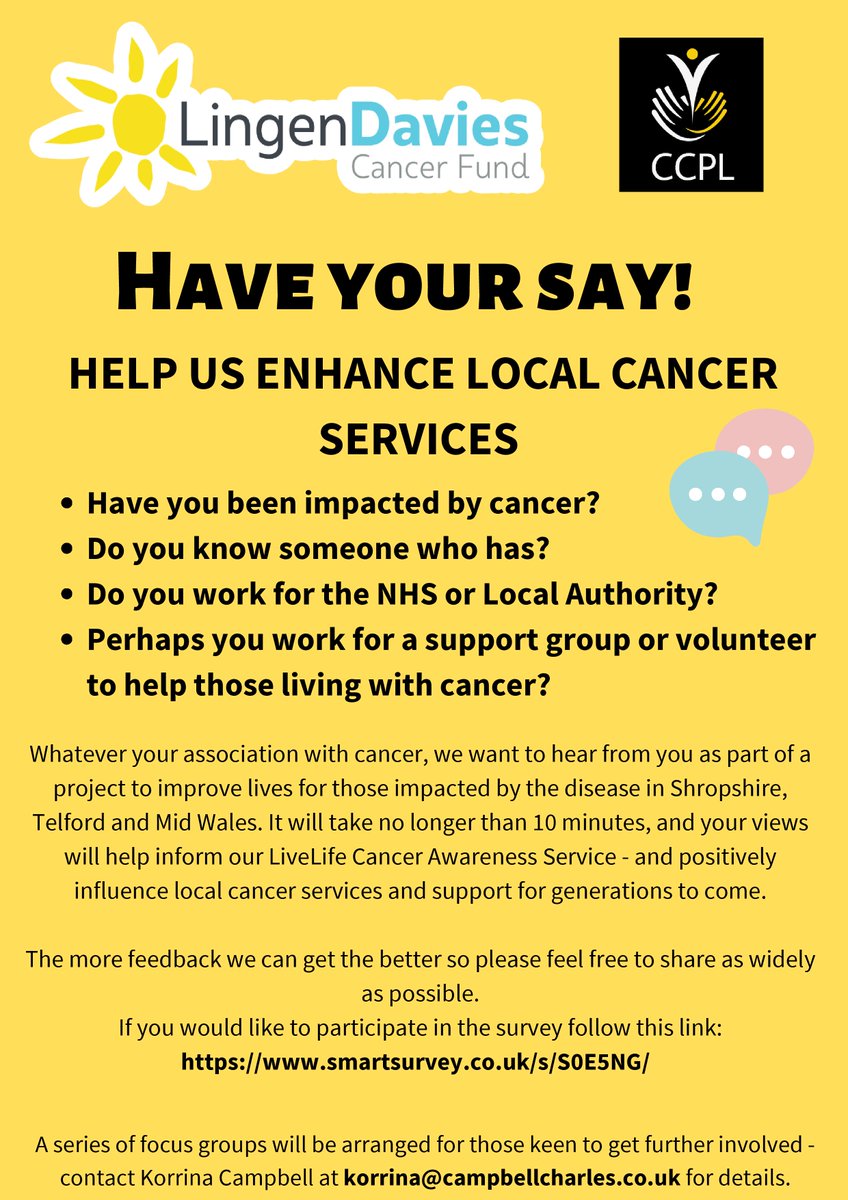 Help shape the future of local non-clinical cancer support... if you or someone you know has been impacted by cancer we want to hear from you.
Help inform the future of local cancer services for generations to come -  smartsurvey.co.uk/s/S0E5NG/