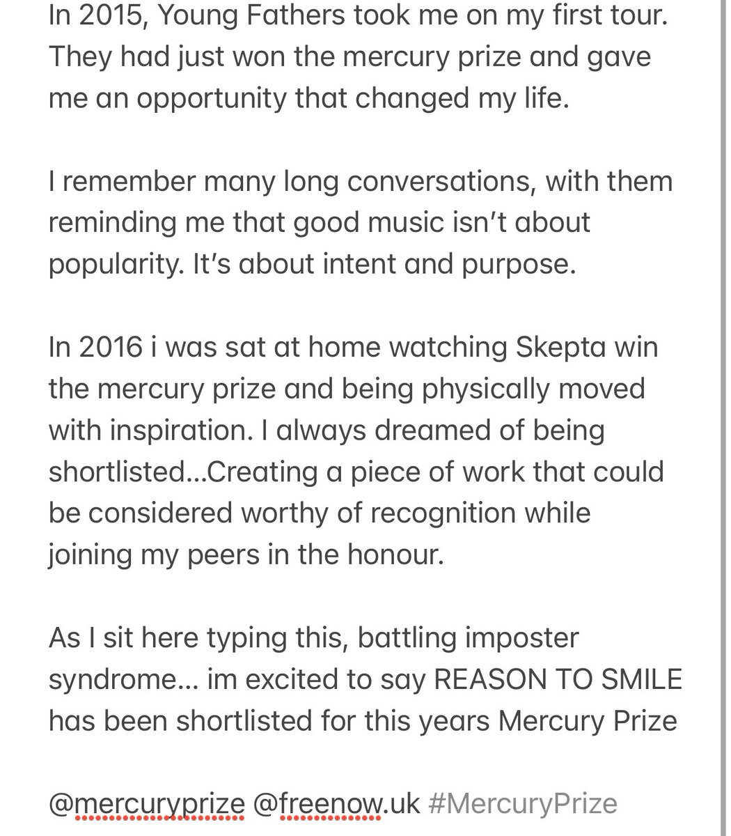 As I sit here typing this, battling imposter syndrome… im excited to say REASON TO SMILE has been shortlisted for this years Mercury Prize

<a href="/MercuryPrize/">Mercury Prize</a> <a href="/FreeNow_UK/">FREENOW UK</a> #MercuryPrize