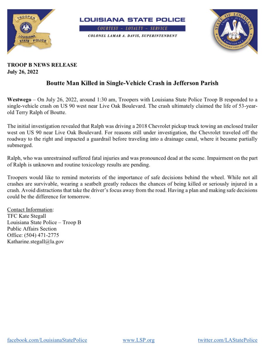 LA State Police on Twitter "TROOP B NEWS RELEASE Boutte Man Killed in