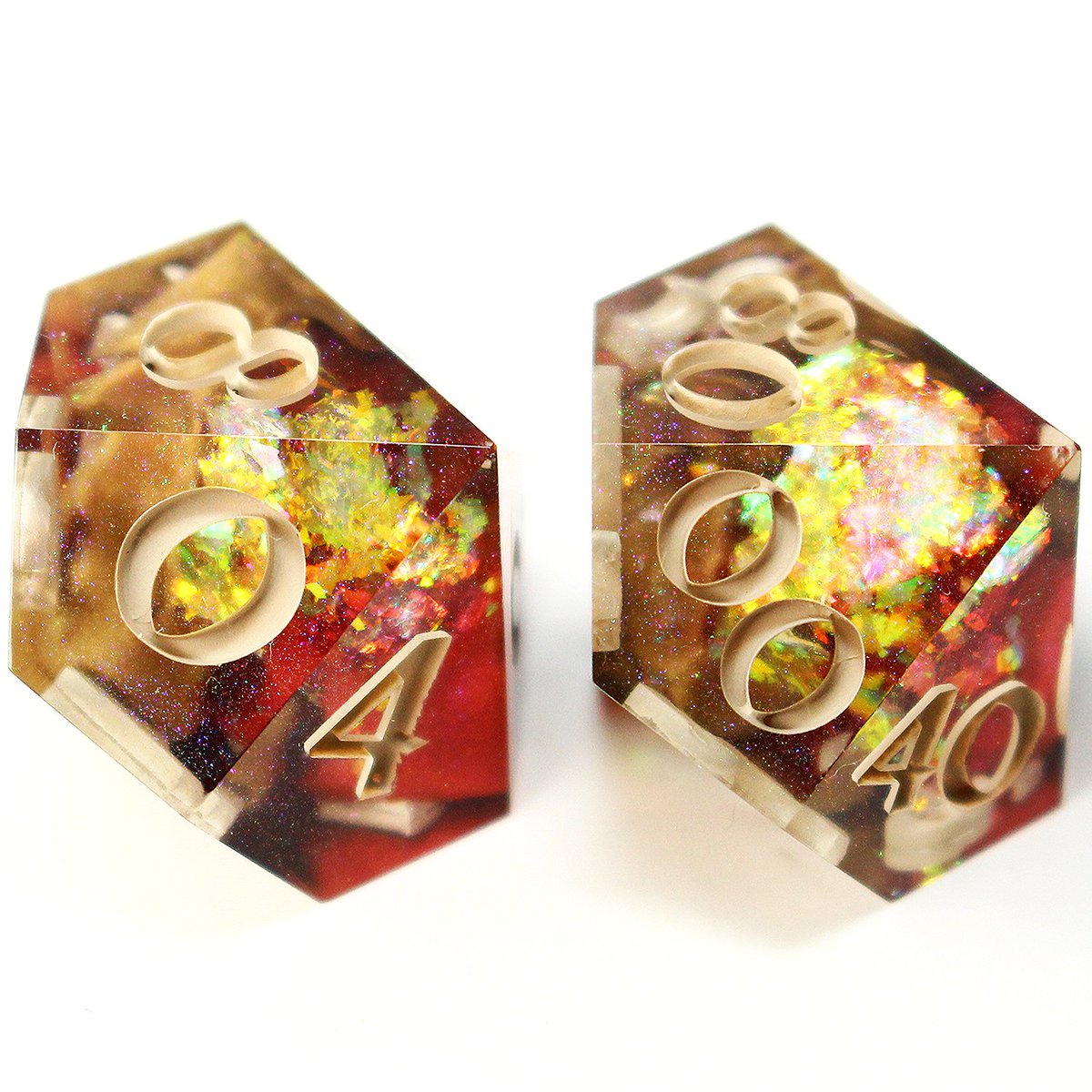 🎲REGALIA // 9-piece set

Silky red and gold swirls, iridescent flakes and a purple-green shimmer throughout!

#dice #diceset #dungeonsanddragons #dnd