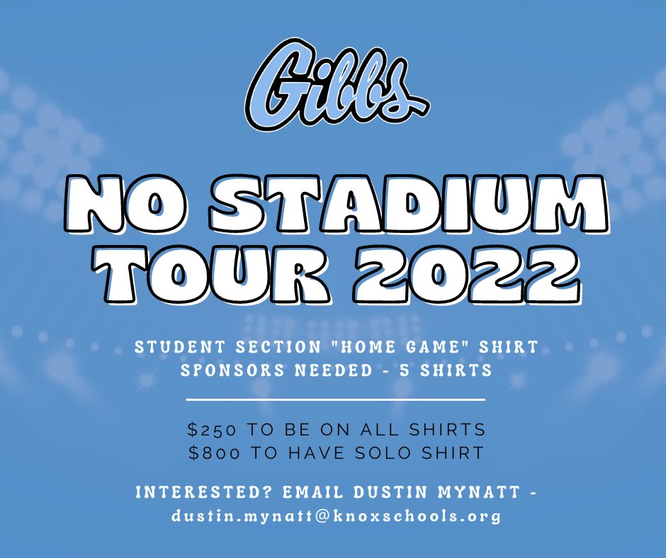GibbsAthletics's tweet photo. Email dustin.mynatt@knoxschools.org for donations towards t-shirts and food for our wonderful student section who has to travel all season! https://t.co/w8f2m1dse8