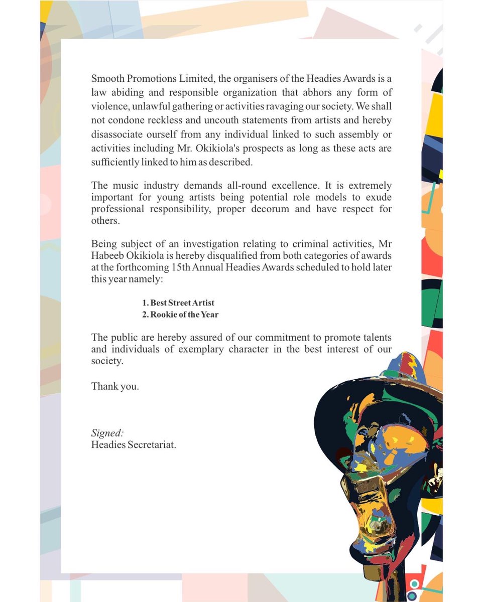 HipTv's tweet photo. Singer Portable loses Headies award nomination following controversy and investigation by the Nigeria Police Force, after allegedly claiming to be affiliated with the criminal group “1 million boys” https://t.co/as6RcfA2CV