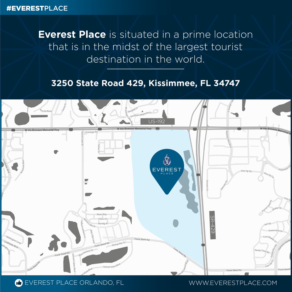 #EverestPlace is conveniently located at the intersection of US Route 192 highway and State Road 429 highway in Kissimmee, Florida. The Everest Place community is less than a 10-minute drive to all the Disney theme parks. everestplace.com