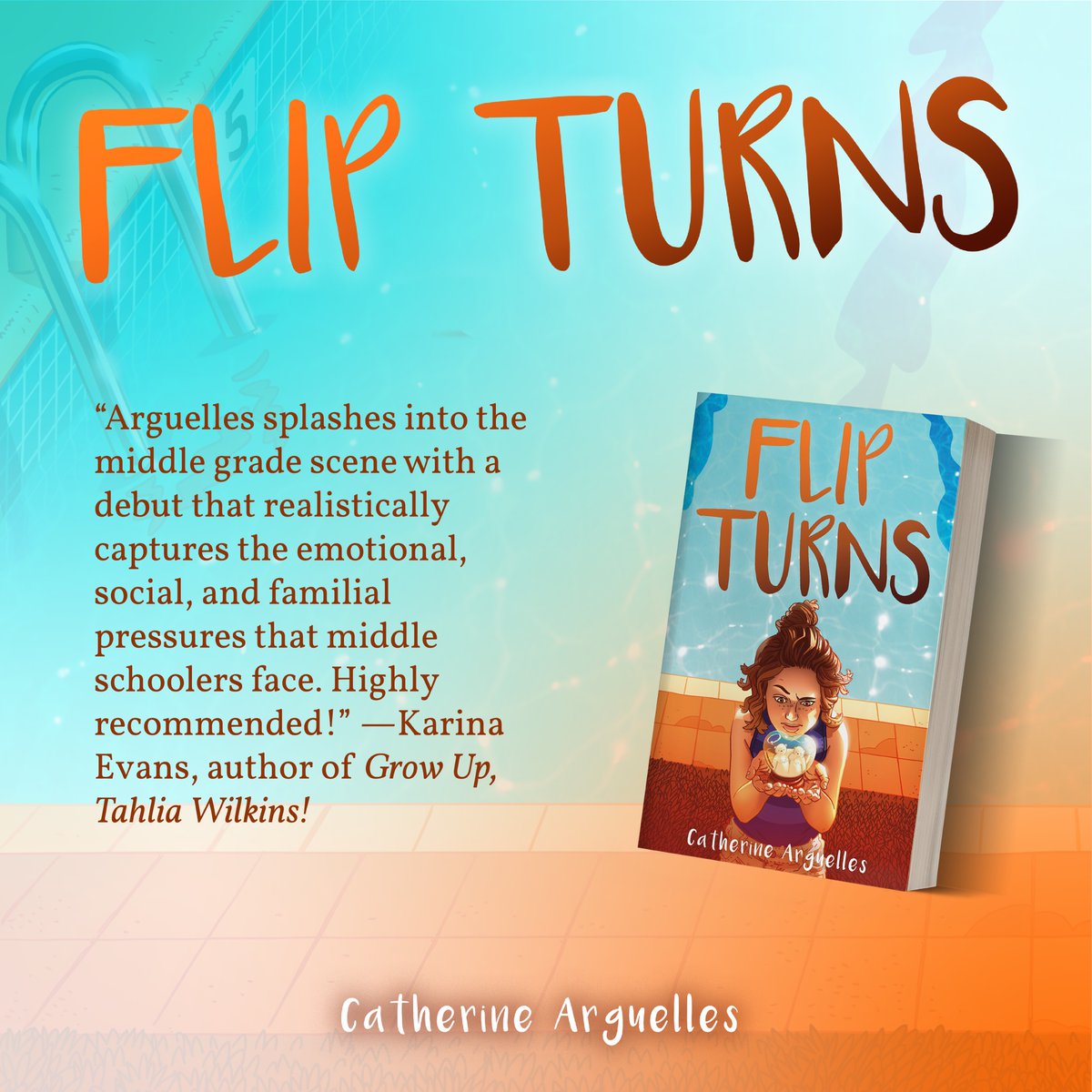 arguellescath's tweet photo. I loved the authenticity of GROW UP, TAHLIA WILKINS and I'm so thrilled to share this blurb for FLIP TURNS from @karinaewrites! #mg #mglit #kidlit #swimbook #mgmystery @JollyFishPress https://t.co/grImj0JaNE