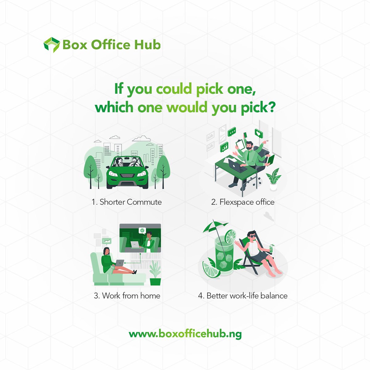 Comment your choice below!

With Hybrid, you sure can have it all! 😎

#hybrid #work #workfromhome #remoteworker #freelancer #coworkingspace #startup
#BoxOfficeHubNg #networking