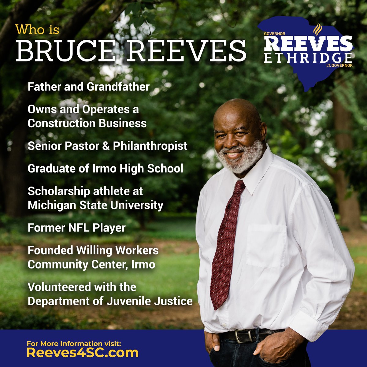 MEET DR. BRUCE REEVES 
Bruce's efforts in youth outreach and civic collaboration have made him a willing leader in his community and a strong candidate for elected office. 
#reeves4sc #libertarian #liberty #southcarolina #irmosc #nfl #community