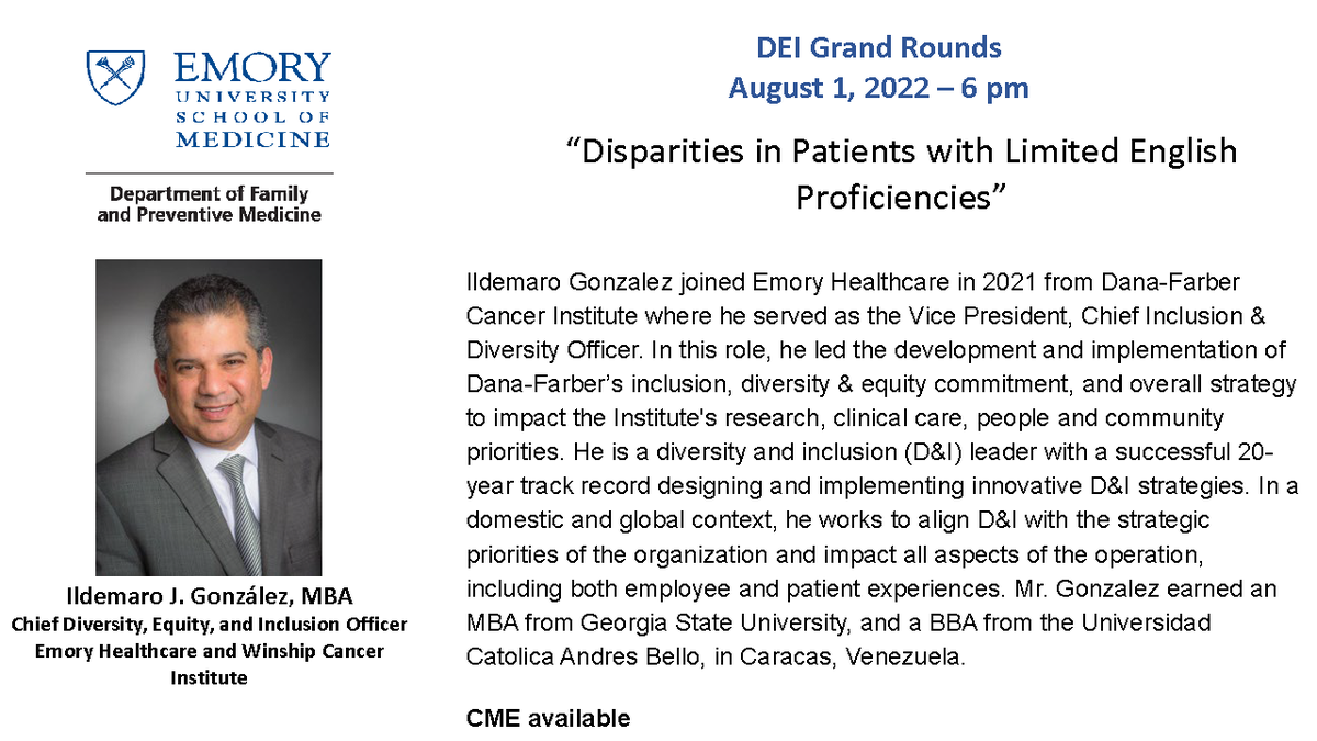 EmoryFamMed's tweet photo. Join @EmoryFamMed on August 1, 6 pm EST for DEI Grand Rounds: “Disparities in Patients with Limited English Proficiencies.” CME available. https://t.co/fWPCDg1F15 @EmoryHealthcare @EmoryMedicine https://t.co/wEAAKozQWi