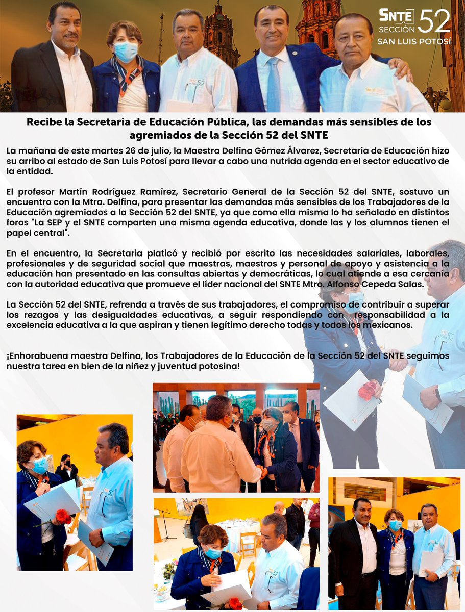 SNTESeccion52's tweet photo. Recibe la Secretaria de Educación Pública, las demandas más sensibles de los agremiados de la Sección 52 del SNTE
@delfinagomeza
@SEP_mx
#Sección52 #SNTE52
#Sección
#SNTECercano
#SNTESolidario
#SEP
#PotosíParaLasyLosPotosinos https://t.co/ylALQeOQZt
