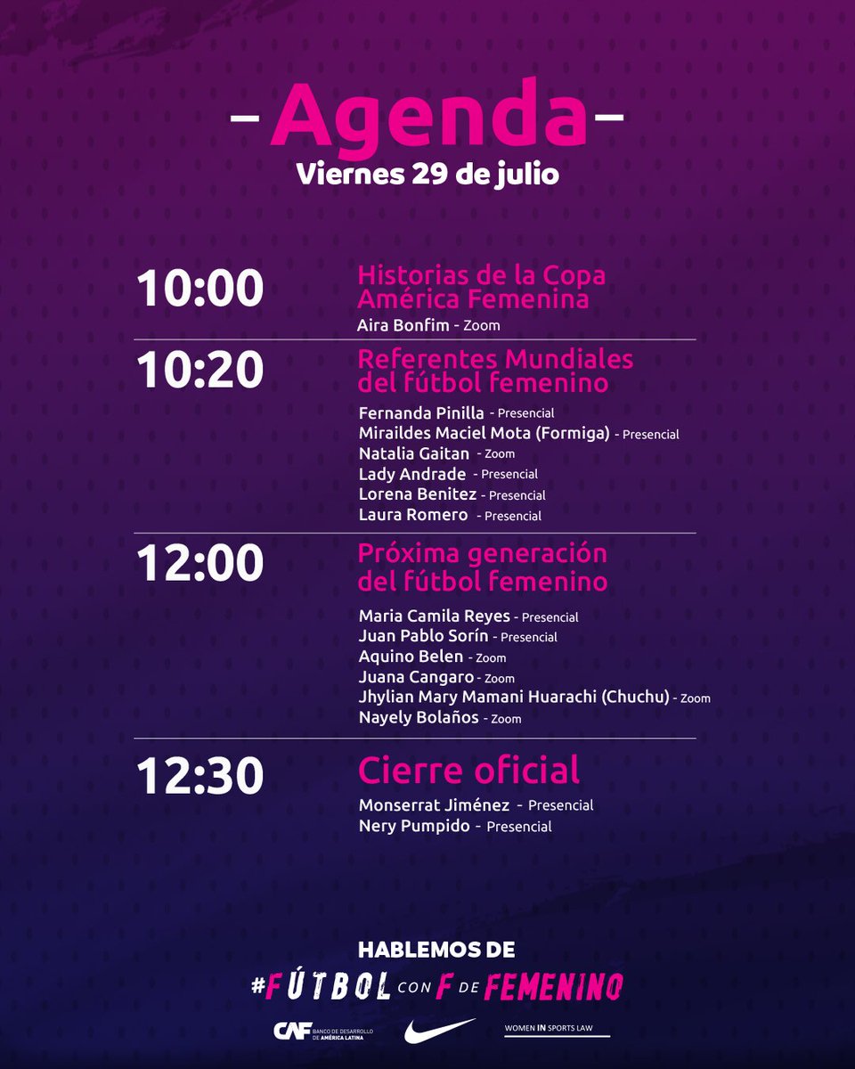 📝 Agenda del Seminario de Fútbol Femenino 2022.

📅 29 de julio
📍 Salón Dorado - Holiday Inn, Bucaramanga

Evento presencial y transmisión vía YouTube CONMEBOL.

Inscríbete aquí: bit.ly/3ODBS2I

#FútbolConFDeFemenino #EvoluciónEsCONMEBOL