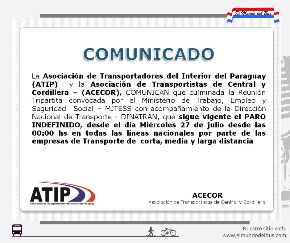 La <a href="/atipgremio/">ATIP</a> emitió un comunicado en donde anuncia que continua en Vigencia el PARO del Miércoles 27 desde las 00:00.