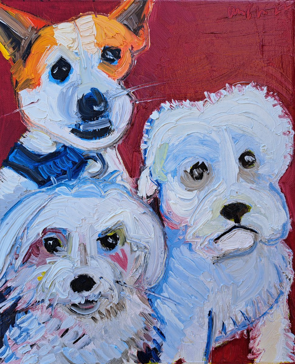 Battan9000's tweet photo. Three Dogs (2022)
Oil on Canvas
25cm x 30cm
#oilpainting #oil #oilpaintings #Dogs #animals #animalart #pooch #jackrussell #jackrussellterrier #bechonfrise #shithtzu #dogdrawing #dogart #expressonism #welshart #colour #threedogs #chagall #cymru https://t.co/o44D4fv8Vh