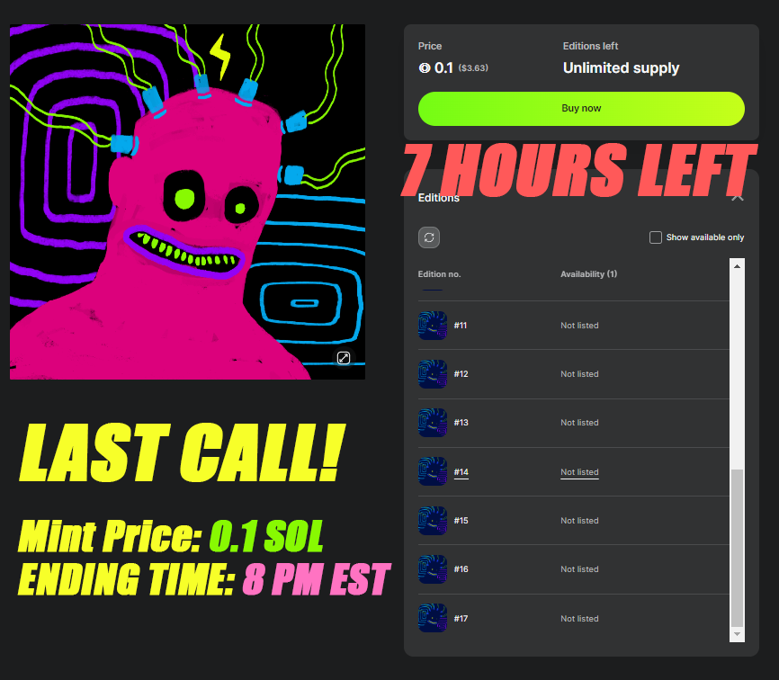goxrilla's tweet photo. Last Call! 
18 minted 🎉🙌

Unlimited minting for Only 0.1 ◎

Ending today @  8 PM EST. 
Get 1 now before supply stops.

*NaNa 🍌 holders gets a full refund. Limited to 1 edition per person. No trade-in required. Comment or DM your wallet address after purchase.

Link Pinned https://t.co/vI9jC7FQRq