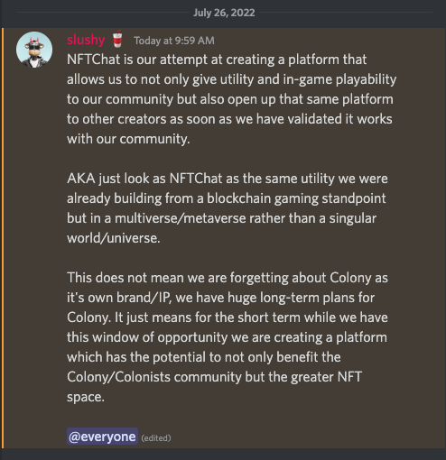 PSA about our vision with <a href="/NFTChat/">NFTChat</a> 

Colony/Colonists are the DNA of NFTChat as an interoperable social metaverse.