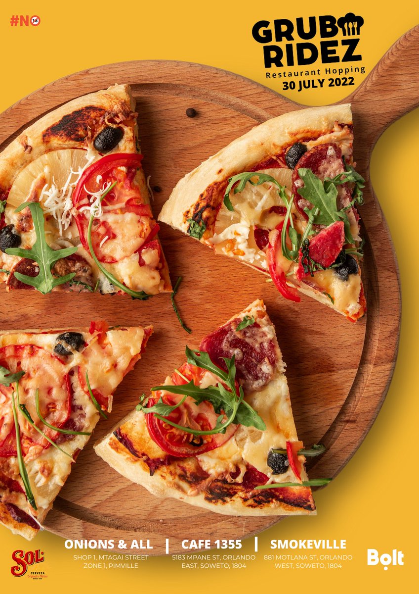 For R275 get food at three participating restaurants, 2 Sol beer at each Restuarant plus a bolt ride to and from the participating restaurants.