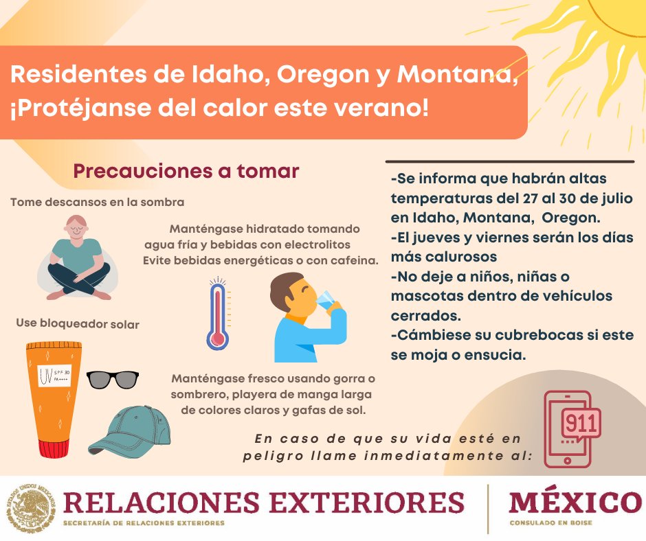 Precauciones para el calor este verano
#oregon #idaho #montana #oladecalor #hidratate #usagorra #bloqueadorsolar 

Para más información contáctenos al (208)3436228.