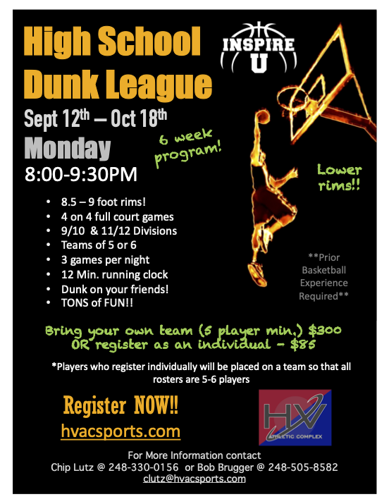 Registration is open for our Fall High School Dunk League! Sign up at hvacsports.com/basketball for a popular program!🏀 🏀 @InspireUbball