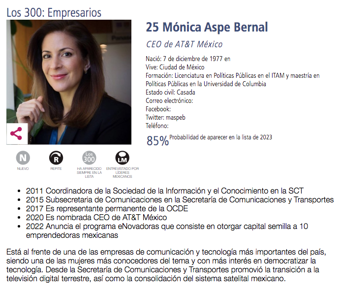 LideresMexicano's tweet photo. Es una de las mujeres a cargo de las grandes empresas de México, en este caso, de telecomunicaciones. @maspeb repite este año en la lista de #Los300líderes más Influyentes de México por su gran trabajo al frente de @ATTMx https://t.co/BnvoqqBbp6