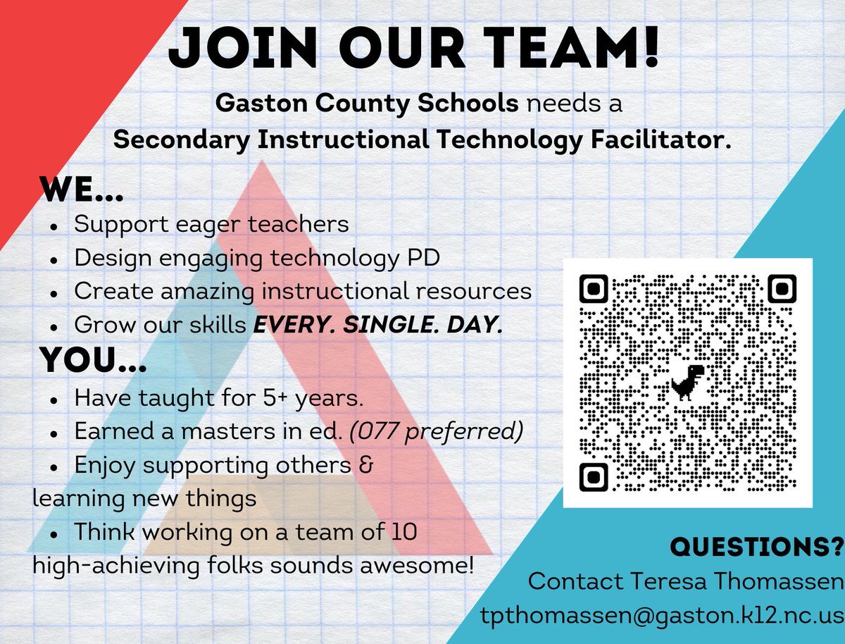 Ready to work with an amazing team for a great school district in NC? <a href="/GastonSchools/">GastonCountySchools</a> is looking for a secondary Instructional Technology Facilitator. #ncbold #nced #gcsk12