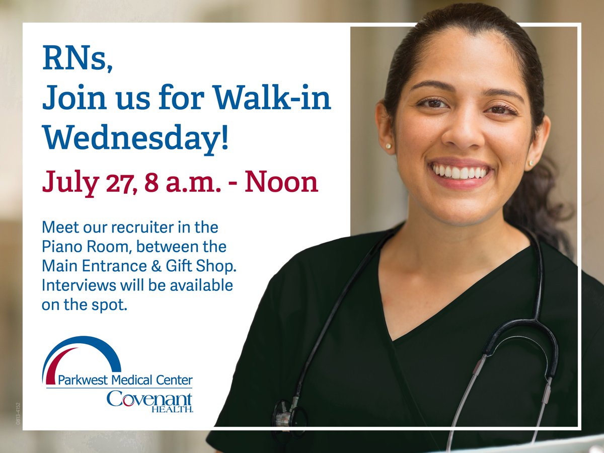 Reminder! Tomorrow, July 27th, we will be hosting a Walk-in Wednesday at Parkwest for RNs. Stop by and meet with our hiring managers to take your next step with us. To RSVP, please visit: bit.ly/3zi9JK7
