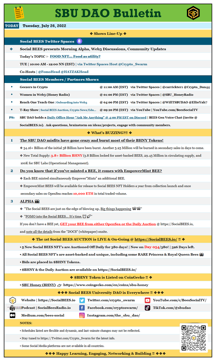 Social BEES University DAO
Daily Bulletin
What's happening this TUE, Jul 26, 2022 ⤵️

SocialBEES.io 🐝
<a href="/Crypto_Swarm/">Social BEES (🐝,🐝)</a>
#SBUDAO #SBULabs $BHNY