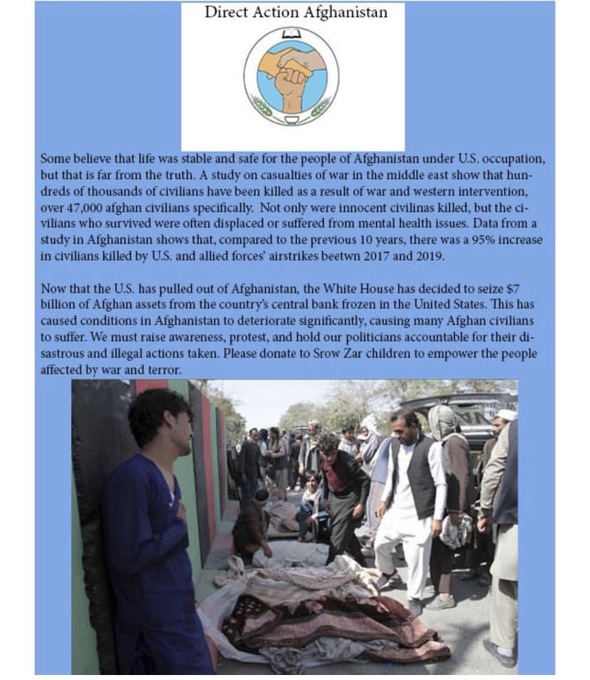 DirectActionAfg's tweet photo. 20 years of western occupation has left long-lasting effects in Afghanistan that continue to get worse. The media blackout on the situation in 🇦🇫 is despicable. We must spread awareness, protest, &amp; hold our politicians accountable. Please continue to donate to @srowzarchildren https://t.co/BLGUAaRwnR