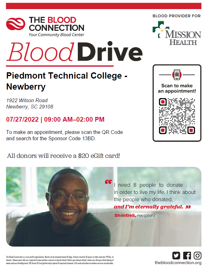 ptc_newberry's tweet photo. Please come out tomorrow to the Newberry Campus of Piedmont Technical College to donate blood. Our area is in dire need. 20.00 eGift card for everyone that donates! Sign up below!
#ptcsummer
#ptcnewberry
#ptcstrong https://t.co/nh0W7hQTbF