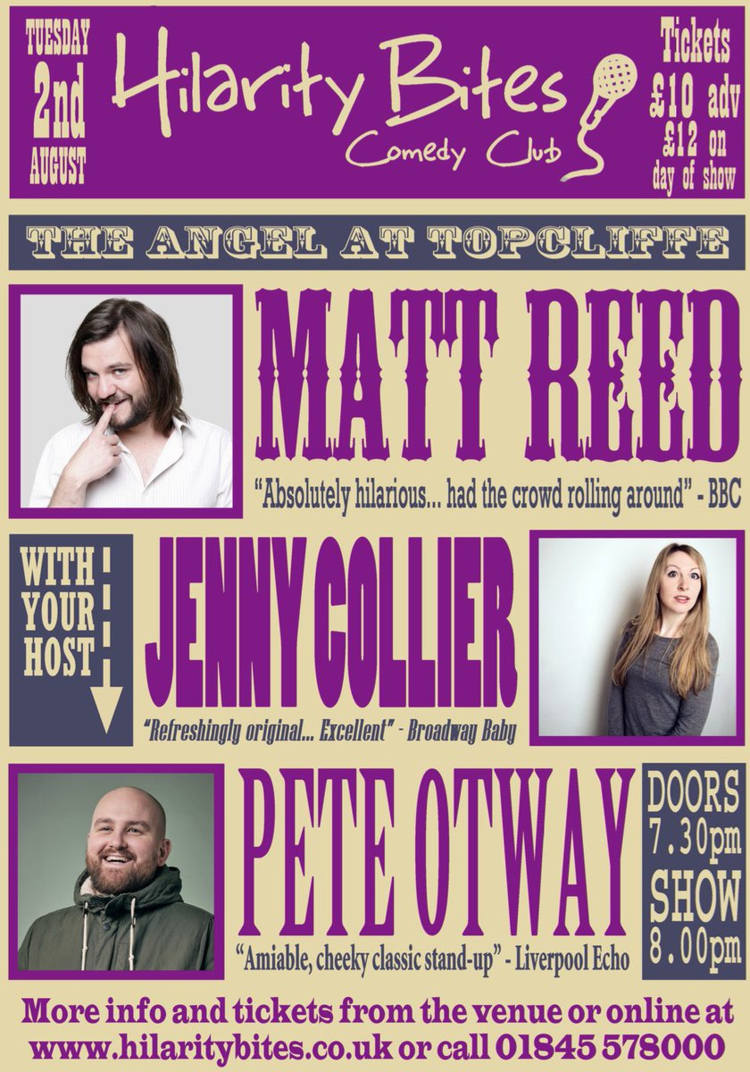 ‼️Upcoming Reminder‼️                           

📅 Tuesday 2nd August 2022 📅

🤣 Comedy Night 🤣

🚪 Doors Open 7:30pm 🚪

🎤 Show Commences 8pm 🎤

Tickets available from hilaritybites.co.uk or by calling The Angel at Topcliffe on 01845 578000