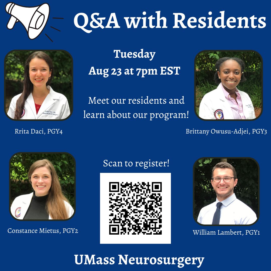 UMassNeuroSurg's tweet photo. 2022-2023 Residency Interview Season is upon us! Scan to register.
Join us on Tuesday Aug 23 at 7pm EST and meet our residents. Ask questions, learn about our program, meet other students along the way!
#residencyinterviews #neurosurgery #match20222023 #UMassChan #UMassMemorial https://t.co/1Y6tgWQy8F