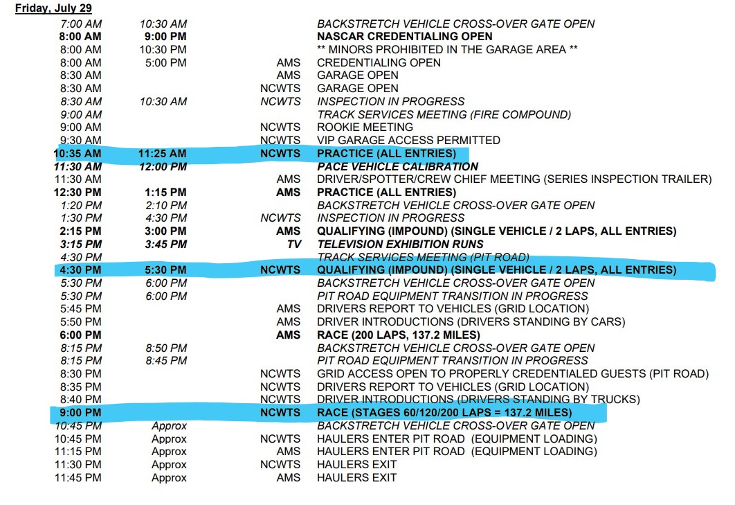 Ryan on Twitter "Truck Series Lucas Oil Raceway (IRP) Park Schedule