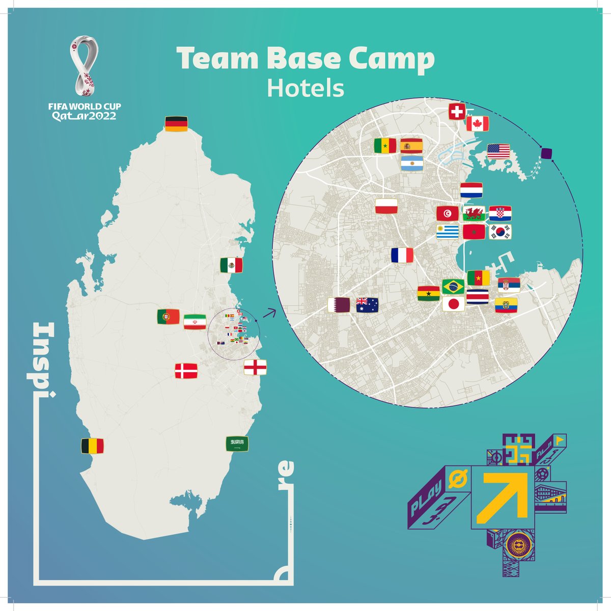 FIFAWorldCup's tweet photo. 🏆 The most compact FIFA World Cup™ since the inaugural instalment in 1930 

🌏 24 teams to stay within 10km radius of each other